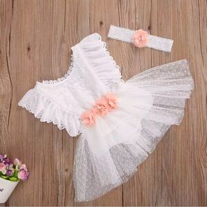 Adorable Baby Girl's White Lace Romper and Headband Set